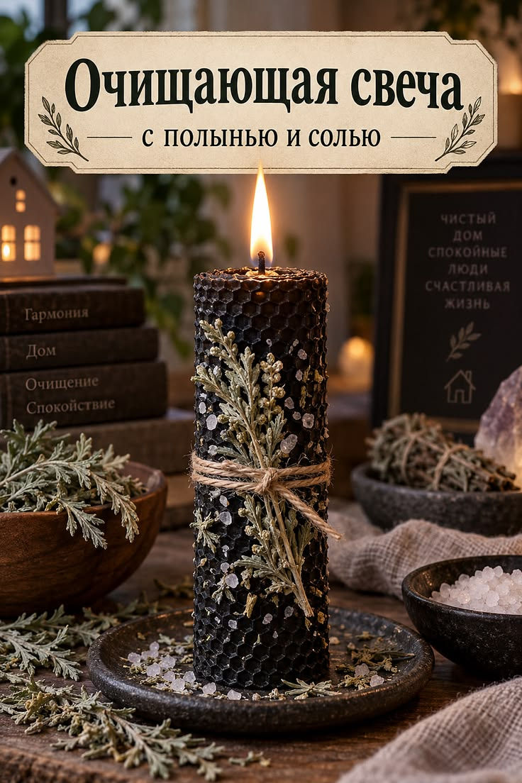 Черная свеча из вощины с полынью и солью для очищения дома