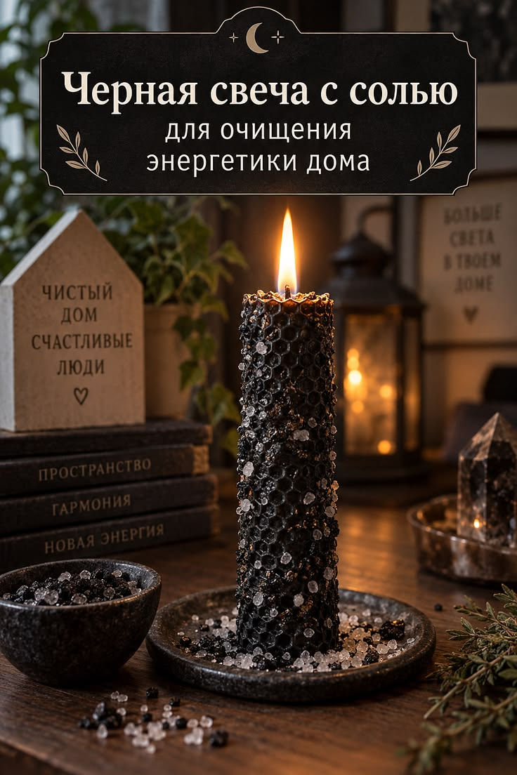 Черная свеча из вощины с четверговой солью для генеральной уборки энергии